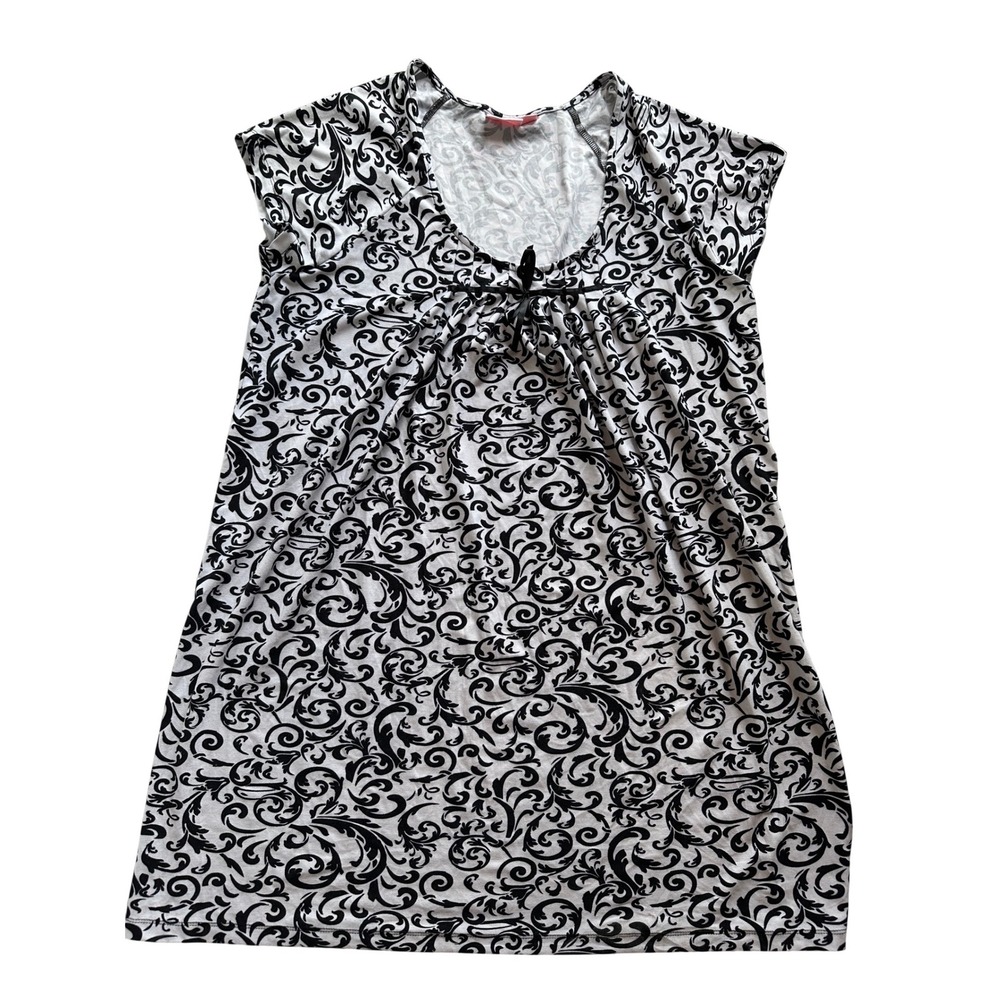 VTG Lily Stanhope Lingerie Womens 1X Black White Scroll Print Nightgown‎ Chemise
